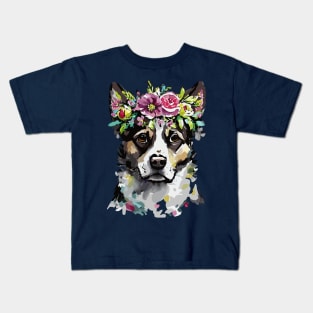 Mixed Breed Dog Floral Portrait Kids T-Shirt